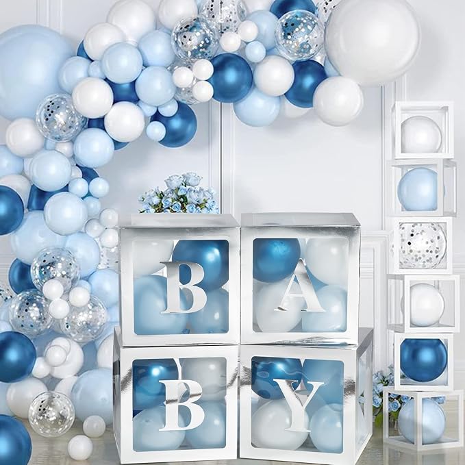Baby Boxes with Letters for Baby Shower, Baby Shower Decorations with 4 Balloon Boxes for Gender Reveal Baby Shower Decorations(Silver)