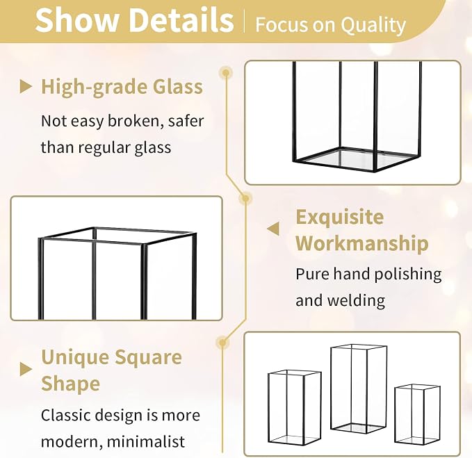 Nuptio Glass Candle Holders Hurricane Holder for Pillar Candles 18 Pcs Black Metal Candle Holders Large Rectangular Candleholder Vase Centerpieces Decoration for Wedding Party 9.5 & 8.1 & 6.5 inch