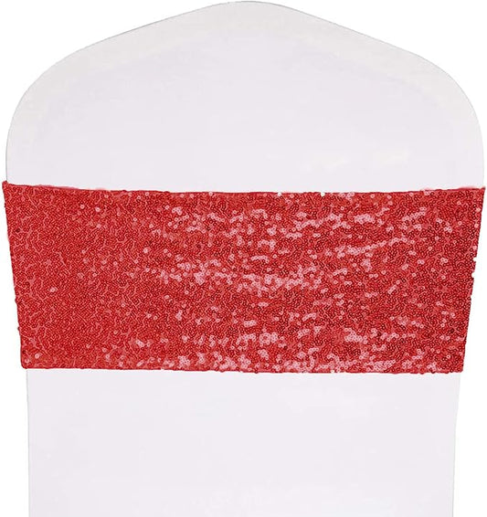 Pack of 50 Stretch Sequin Chair Sashes Chair Bands One-Sided Sequins Decor for Hotel Wedding Reception Events Party Chair Cover Decoration (Red)
