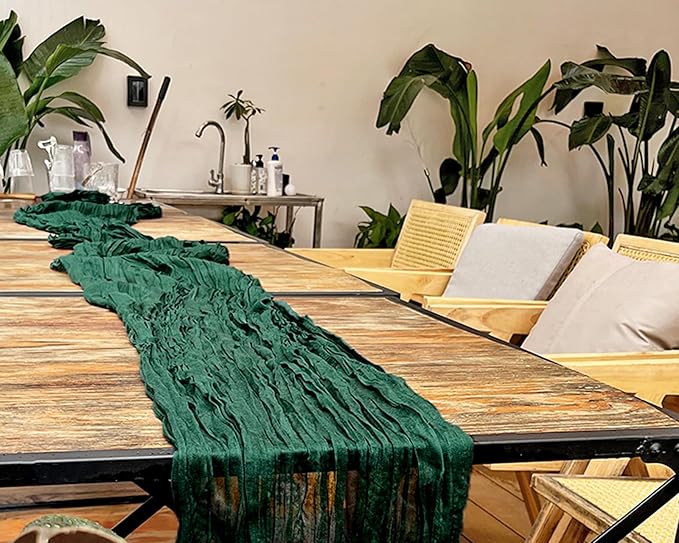 10 Pack 120inch Dark Green Cheesecloth Table Runners - 10Ft Long Cotton Gauze Table Runner for Christmas Parties and Weddings Bridal Baby Showers Decoration- Elegant Emerald Green Table Cloth