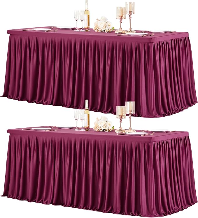 2 Packs Burgundy Polyester Table Clothes for 8 Foot Rectangle Tables, Wrinkle Free Fitted Table Cover 8ft Stretch Tablecloths with Skirt for Parties Weddings Birthday Banquet Baby Shower