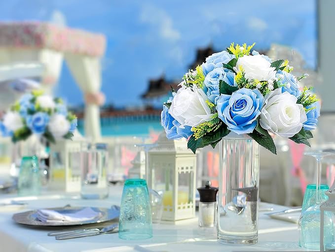 Artificial Flower Centerpieces for Tables: 6pcs of Rose Flower Balls, Flower Kissing Balls, Fake 15-head Plastic Flower Roses with Base for Birthday Party Christmas Home Wedding Decor (Blue White)