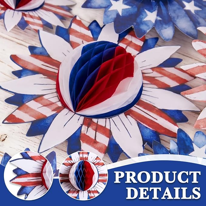 SUNBEAUTY 4th of July Patriotic Decorations Red White Blue Hanging Honeycomb Balls Independence Day Paper Honeycomb Flower for Memorial Day USA Flag Veterans 250th Anniversary Party Supplies