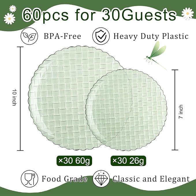 Festiva 60PCS Clear Sage Green Plastic Plates - Heavy Duty Weave Pattern Fancy Disposable Plates-serve for 30 guests Include 30PCS 10" & 30PCS 7" Plates for Wedding &Easter Party(Sage Green)