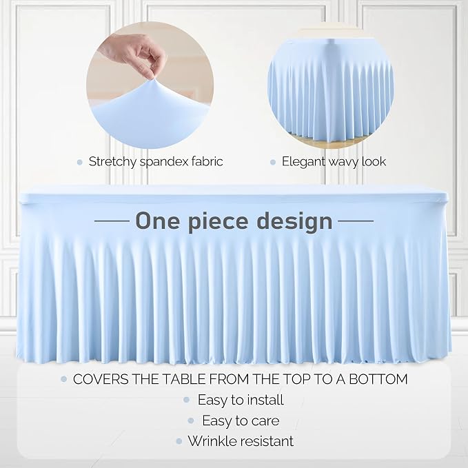 1 Packs Baby Blue Table Clothes for 6 Foot Rectangle Tables, One-Piece Wrinkle Resistant Stretch Spandex Table Covers with Skirt for Event Banquet Wedding Birthday Party