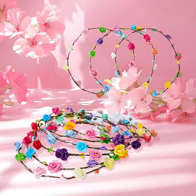 HONLYNE 24 PCS LED Flower Crowns Headbands, Light Up Flower Crowns for Women & Girls, Glow in The Dark Flower Hairbands Wreath for Wedding Beach Party Birthday Cosplay Gifts, Halloween, Christmas