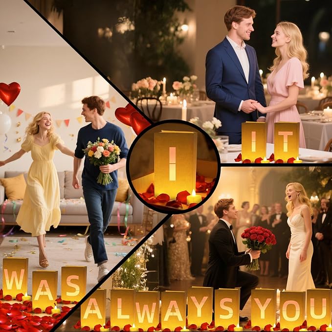 It was Always You Light Up Letters, with Tea Lights Candles, Rose Petals, Pearlescent Foil Balloons - Luminary Paper Bags, Anniversary Decorations and Proposal Decorations for Your Loved One