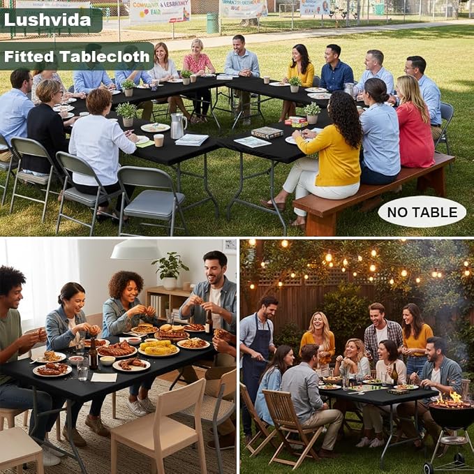 LUSHVIDA 10 Packs Vinyl Tablecloths with Flannel Backing for 8ft Rectangle Folding Table Cloths - Waterproof Plastic Picnic Table Covers with Elastic Corners, 30x96 inch, Black