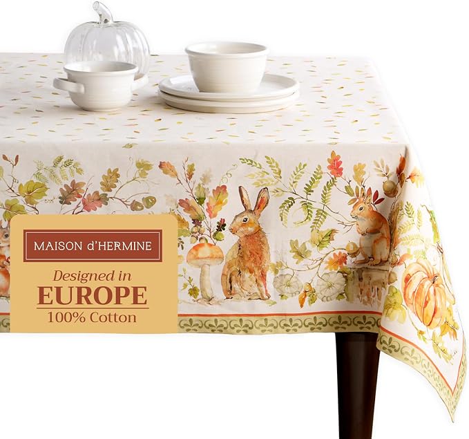 Maison d' Hermine Table Cloth Rectangle Table 100% Cotton 70 x 140 Inches Fall Tablecloth Reusable Everyday Use for Thanksgiving Christmas Decorations Dining Farmhouse Party (Pumpkin Passion)