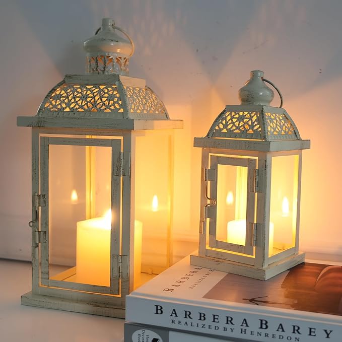 Large Lantern Decorative Outdoor & Indoor, Set of 2 (14’’&10’’) Metal Candle Lanterns Decor, Vintage Hanging Candle Holder for Front Porch Patio Wedding Farmhouse Home, Spring Decoration
