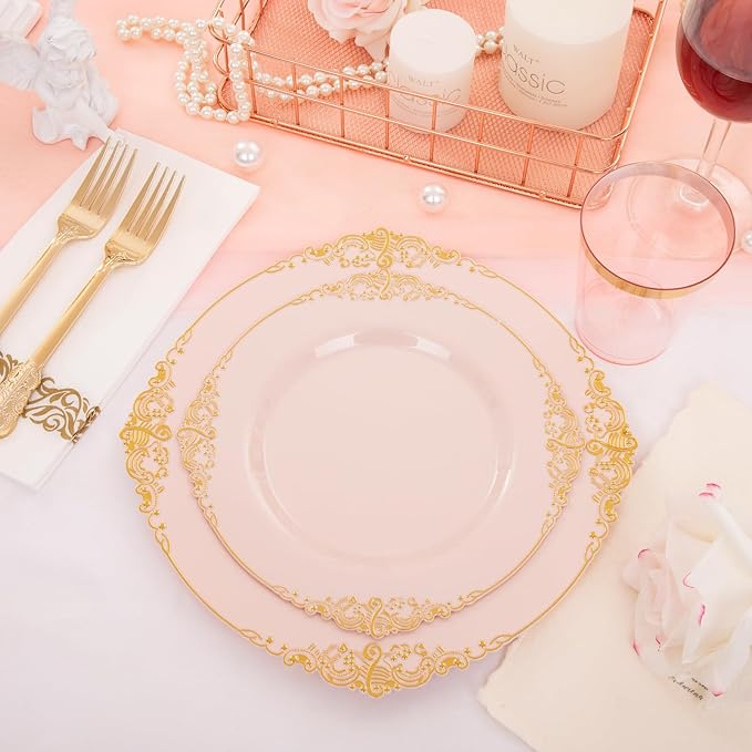 Morejoy 175pcs Pink Plastic Plates - Pink and Gold Disposable Plates sets, Include 25 Dinner Plates,25 Dessert Plates,25 Cutlery Sets,25 Napkins Perfect for Wedding & Party & Holiday & Mother's Day