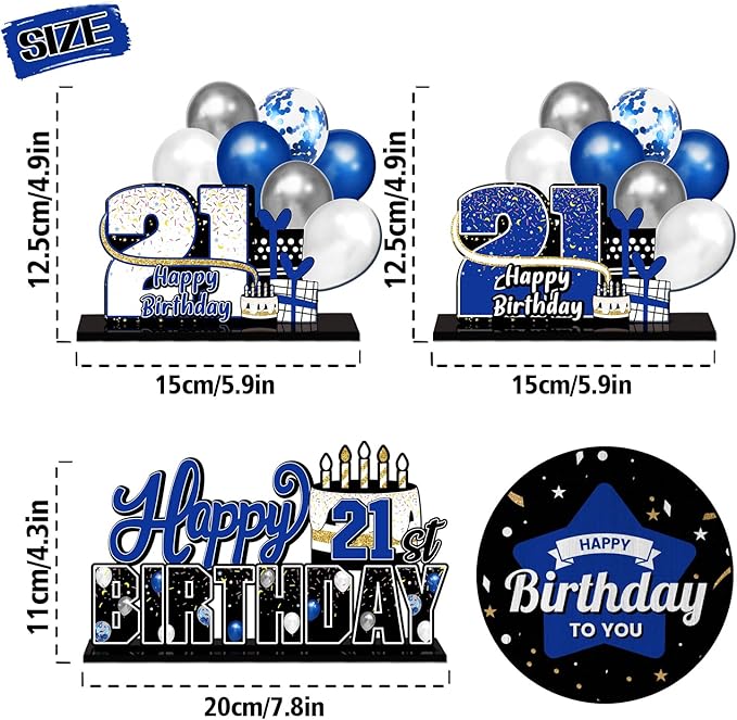 LINGTEER Happy 21st Birthday Blue Acrylic Table Topper Centerpieces Set - Cheers to 21 Years Old Birthday 21st Bday Party Gift Decorations.