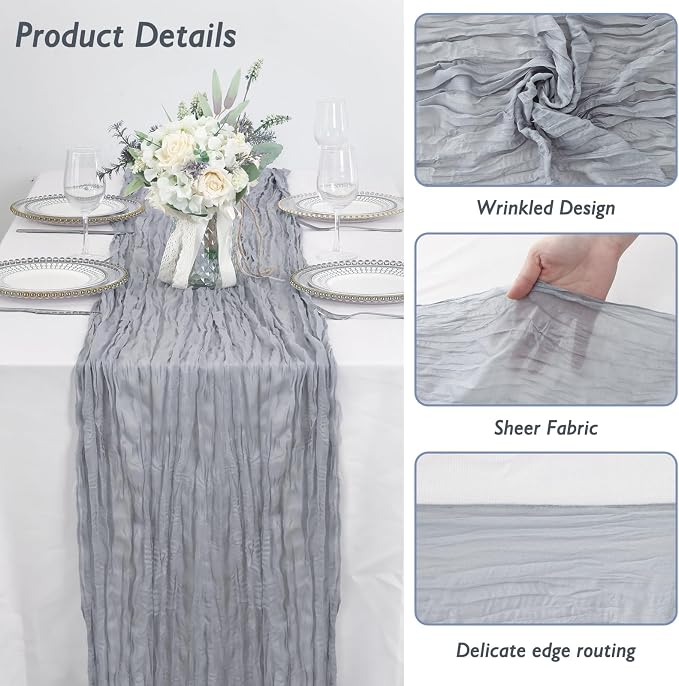3 Pack Grey Cheesecloth Table Runner 120 Inch 10FT Cheese Cloth Runners for Baby Shower, Birthday Party, Wedding Decoration, Graduation Decorations