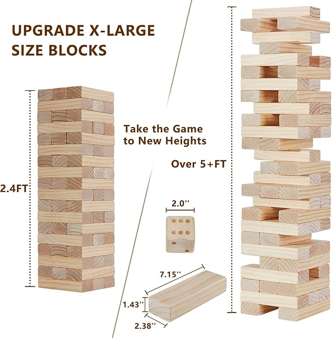 Aivalas X-Large Size Giant Tumble Tower, 60 Blocks Outdoor Games Stacking Games Includes Dice Carrying Bag Scoreboard, Stacking Over 5FT for Backyard Lawn Party Playing