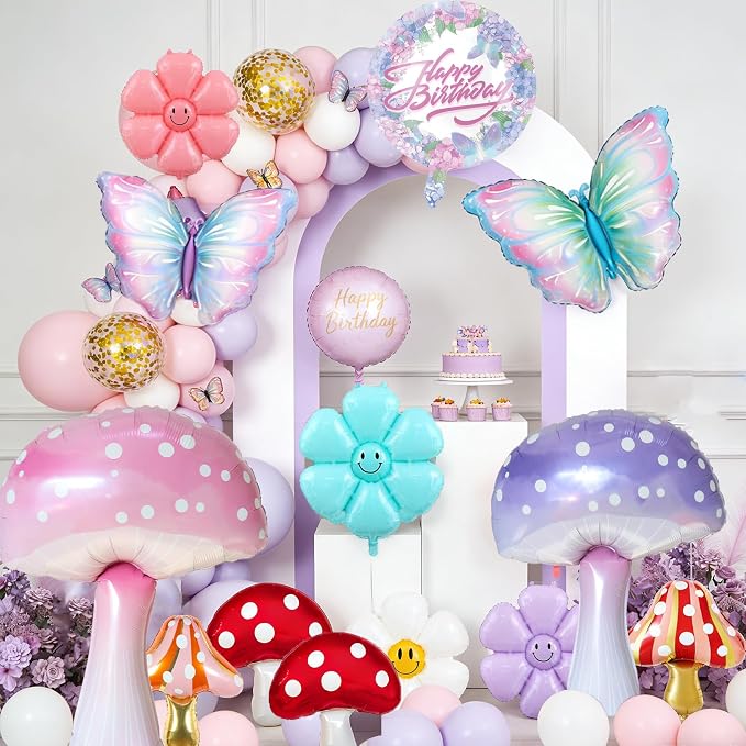 Magical Mushroom Forest Birthday Party Balloon Decor Kit - 13 PCsSet with Gradient Butterflies, Smiley Daisies & Happy Birthday Balloon | Whimsical Theme Party Decorations for Boys and Girls