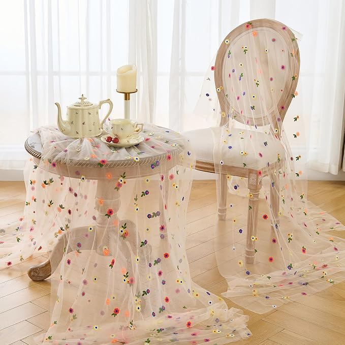 BINBE 3pcs Champagne Daisy Spring Table Runner Embroidery Gauze 10FT Florals Seasonal Tulle Holiday Birthday Kitchen Dining Table Decor for Home Party