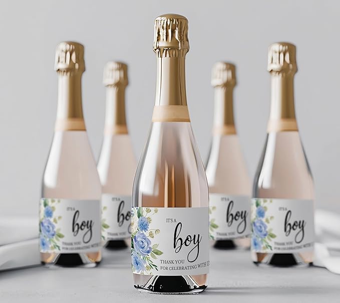 It’s a Boy Mini Champagne Bottle Labels ● Set of 12 ● She’s Ready to POP Baby Shower Favor Label, About to POP Thank You Favors, Blue Boy Baby Shower Gender Reveal Waterproof (Blooms)