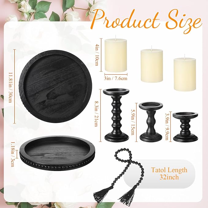 Reallnaive 8 Pcs Farmhouse Wood Candle Holders with Pillar Candles Set Wooden Rustic Candle Holders Round Decorative Serving Tray Bead Garland with Natural Wood Tassels for Table Centerpiece (Black)
