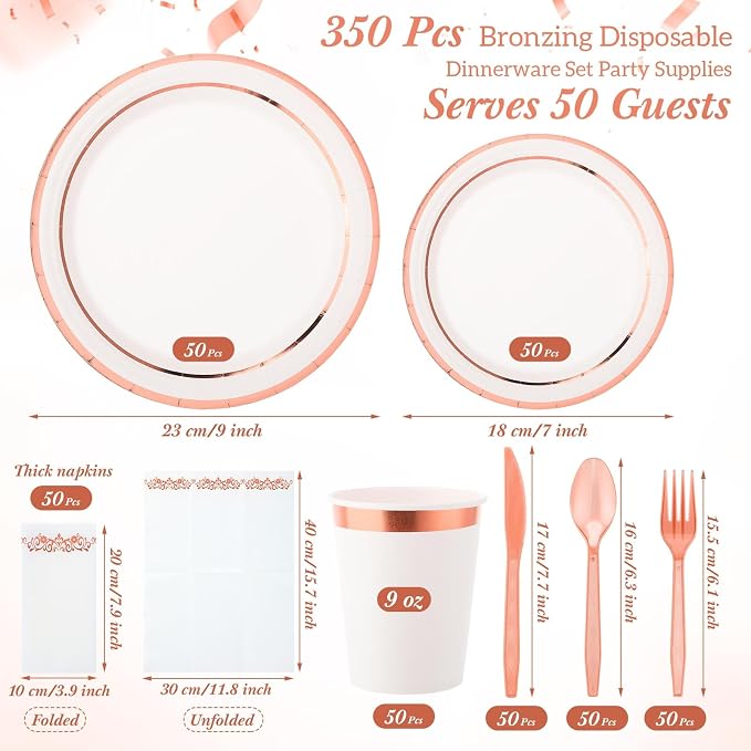 meekoo 350 Pcs Rose Gold Party Dinnerware Set Disposable Paper Plates for 50 Guests 9in and 7in Dinner Dessert Plates Napkins Gold Rim Plastic Cups Knives Forks Spoons for Party Wedding(Round)