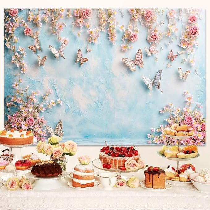 9x6ft Butterfly Floral Backdrop Birthday Colorful Flowers Photo Background for Girls Wedding Birthday Party Girls Princess Butterfly Theme Baby Shower Events Party Decorations Photo Booth Props