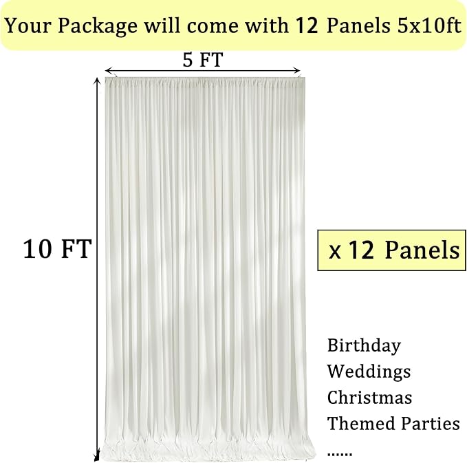 60ftx10ft Wrinkle Free Ivory Backdrop Curtains for Parties, Silky Polyester Photo Backdrop Drapes 12 Panels 5x10ft Back Drop Cloth for Wedding Birthday Baby Shower Photography Background