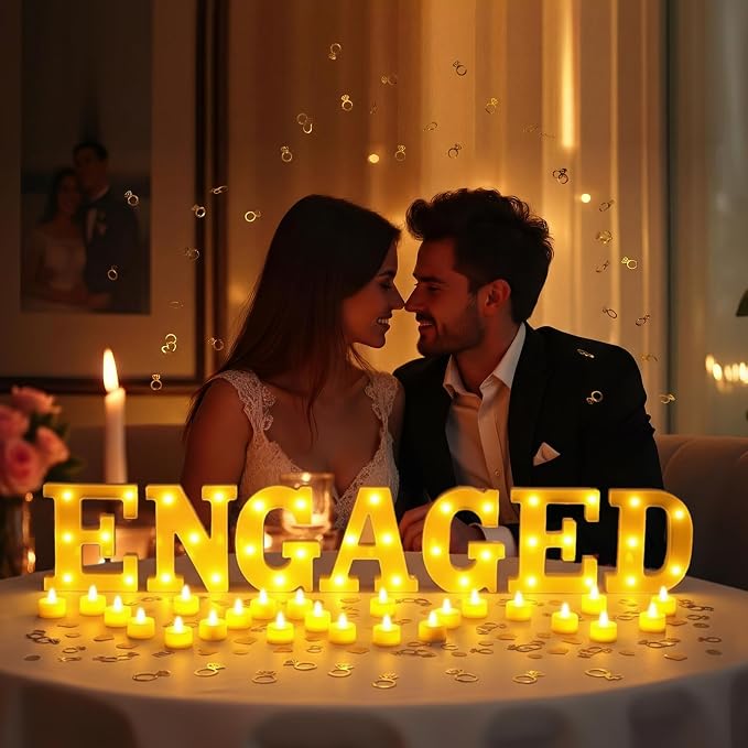 Engagement Party Decorations 7 Pcs 6.3" Engaged LED Light up Letter Sign 24 Realistic Flameless Tealights Gold I Do Confetti Proposal Table Decor for Engagement Wedding Bridal Shower Party