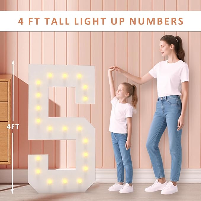 4FT Light Up Numbers, Marquee Numbers 4 Feet Tall Giant Number 5 Mosaic Big Number Sign for 5th 15th 50th Birthday Party Backdrop Anniversary Decorations, Pre-Cut Large Frame