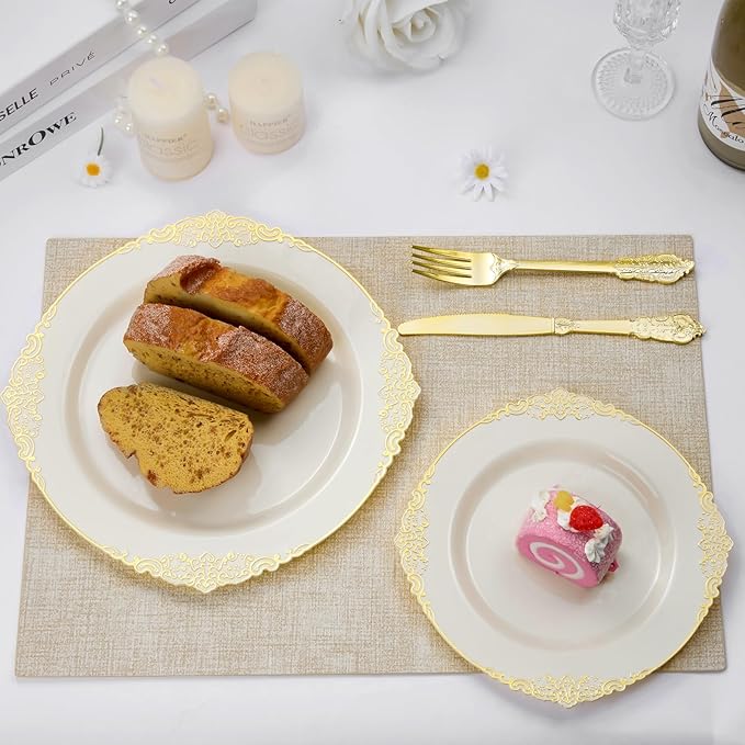 Bestluck 200 PCS Ivory and Gold Plastic Plates for 100 Guests, Gold Disposable Plates Include 100 PCS Dinner Plates, 100 PCS Dessert Plates for Party, Wedding and Graduation (200, Ivory White)