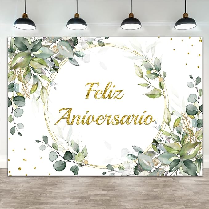 Lofaris Feliz Aniversario Backdrop for Photography Green Leaves Shinning Dots Gold Ring Mexican Happy Anniversary Decorations Supplies Floral Cake Table Banner Photo Booth Props 7x5ft