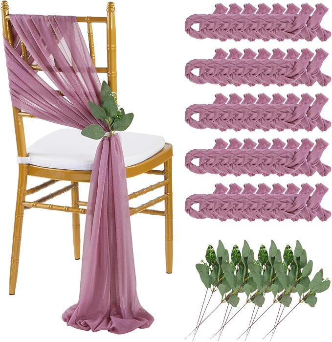 QueenDream Purple Wedding Chair Decorations: 50PCS Tulle Chair Sashes Cover Bands Aisle Sheer Chairs Bows for Birthday Party Banquet