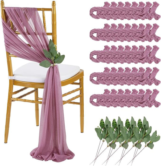 QueenDream Purple Wedding Chair Decorations: 50PCS Tulle Chair Sashes Cover Bands Aisle Sheer Chairs Bows for Birthday Party Banquet