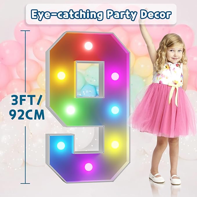 imprsv 3FT Colorful Marquee Numbers,18 Colors with Remote, Light Up Numbers 9 for 9th 90th Birthday Decorations Anniversary Party Decor, Pre-Cut Foam Board Kit, Mosaic Sign for Balloon