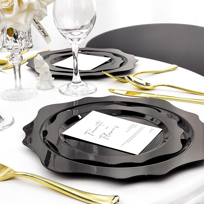 realluck 100 PCS Black Disposable Plates for 50 Guests, Scalloped Plastic Plates Include 50 Dinner Plates and 50 Dessert Plates for Party, Wedding, Graduation and Father's Day