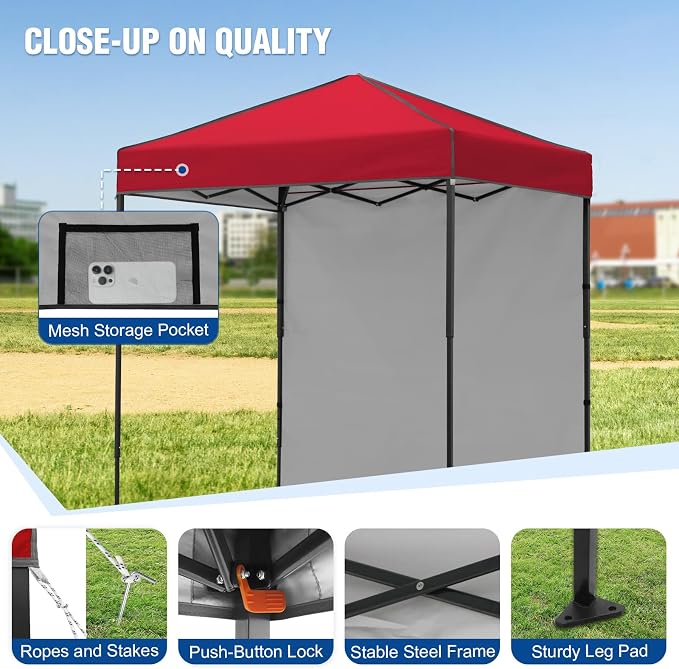 6x4 Pop Up Canopy Tent with One Wall Panel, Instant Portable Beach Canopy, Outdoor Tent with Carry Bag for Camping, Sports, Tailgating, Events, Red