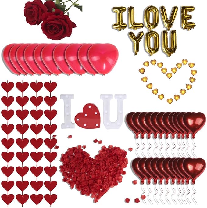 Romantic Decorations Valentines Day, Anniversary, Bedroom Special Night Décor - 3000 Rose Petals, LED & Balloon "I Love You" 36 Heart Candles, 2 Artificial Roses, 144 Red Heart Strings, Heart Balloons