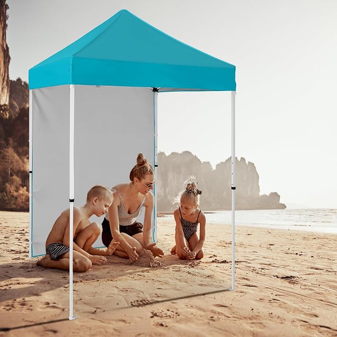 5x5 Pop Up Canopy Tent with One Sidewall, Instant Portable Beach Canopy, Outdoor Tent with Carry Bag for Camping, Sports, Tailgating, Events, Turquoise