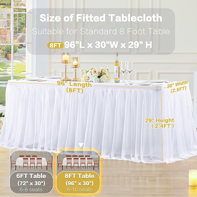 6 Pack White Table Cloth for 8 Foot Rectangle Tables, White Stretch Fitted Tulle Table Covers Skirt, Rectangular Ruffle Tutu Tablecloth Wedding Banquet Baby Shower Cake Tablecloths Decorations