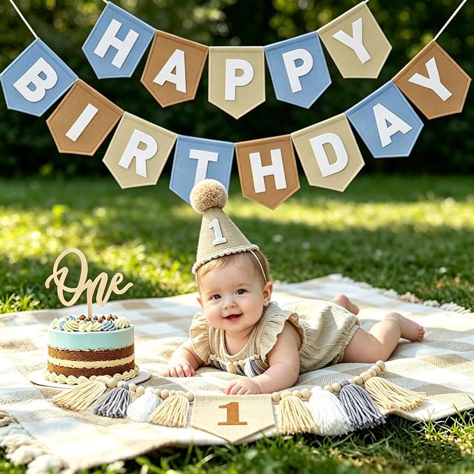 1st Birthday High Chair Banner Decorations - Neutral Felt Banner Set with Cake Topper & Party Hat, First Birthday Party Supplies