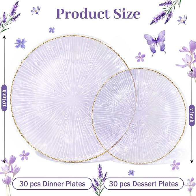 DaYammi 60Pcs Purple Plastic Plates with Gold Rimmed - Purple Disposable Plates Set Including 30pcs Dinner Plates,30pcs Dessert Plates with Radial Texture for Party & Wedding Bridal Shower