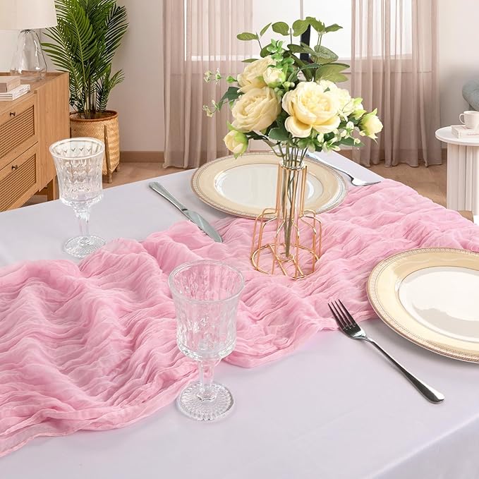 12 Pack 10FT Pink Cheesecloth Table Runner 120 Inch Long Gauze Rustic Boho Spring Cheese Cloth Table Runner Sheer Fabric Decorations for Holiday Party Wedding Banquet Bridal Baby Shower Décor