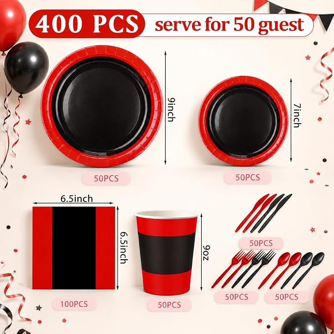 400 Pcs Red and Black Party Supplies for 50 Guests, Red and Black Paper Plates Cups Napkins Cutlery Disposable Tableware Set for Birthday Graduation Wedding Party Decoration
