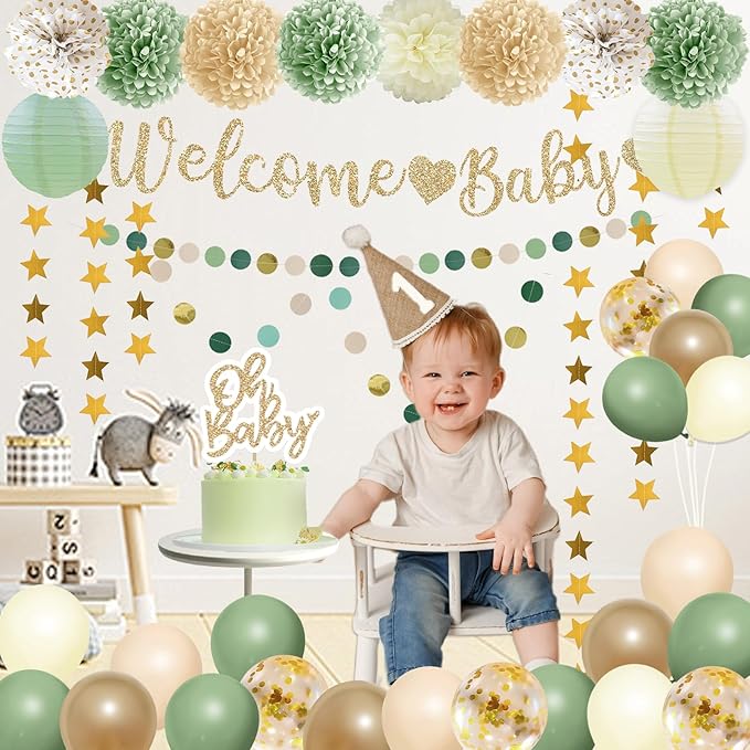 Sage Green Baby Shower Decorations Gender Neutral Baby Shower Decorations Welcome Baby Banner Sage Green Balloons Paper Lanterns Pom Poms Flowers Tablecloth Tassels Mom to Be Sash Dad to Be Pin