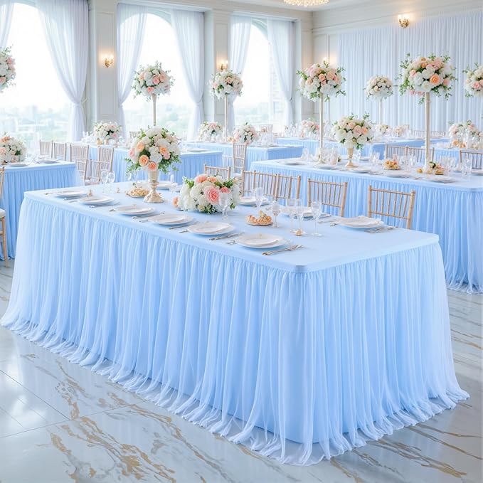 2 Pack 6ft Baby Blue Tulle Tablecloths for Rectangle Tables 72 x 30 Inch Rectangular Table Cloth Wrinkle Free Table Cover with Tutu Skirt for Baby Shower Birthday Party Banquet Buffet Cake Decorations