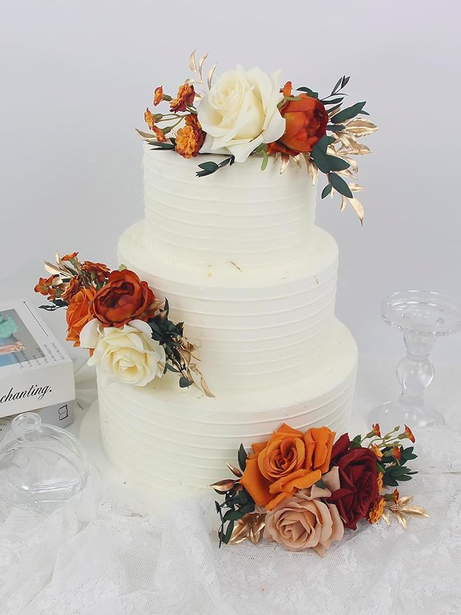 Rinlong 3Pcs Cake Flowers Cake Toppers Terracotta Artificial Flowers for Cake Decor Burnt Orange Fall Wedding Cake Decorating Flowers for Baby Shower Birthday