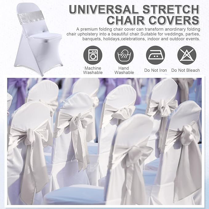 Lounsweer 50 Pcs Folding Chair Cover Set with 25 Stretch Spandex Slipcovers 25 Satin Chair Sashes Bows Ribbon Washable Banquet Protector for Wedding Event Party(White, Silver)
