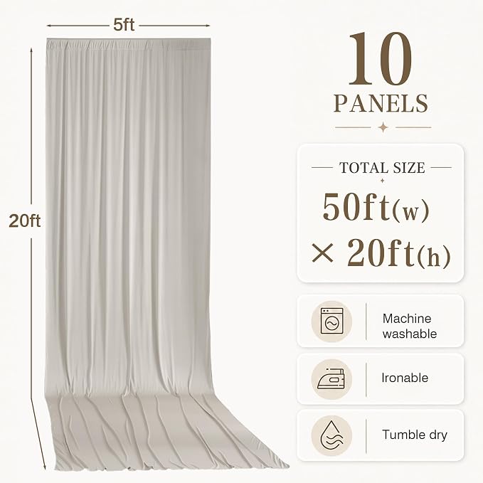 10 Panels 5x20ft Beige Ceiling Drapes for Wedding Parties, Wrinkle Free Off White Thick Polyester 20ft Extra Long Wedding Draping Arch Drapery for Birthday Party Canopy Tent Decor