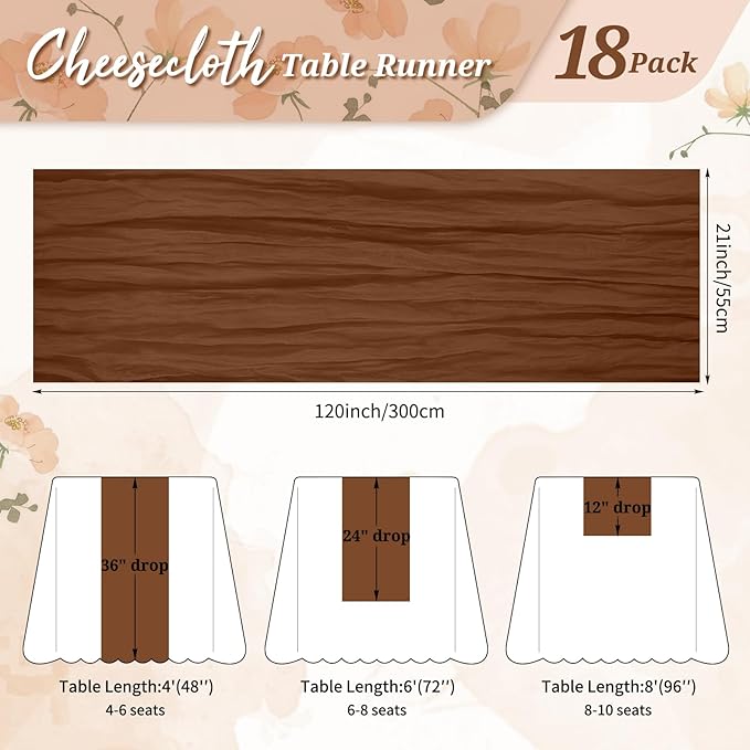 18 Pack Cheesecloth Table Runner Brown 10Ft Rustic Boho Gauze Table Runner Romantic Long Sheer Fabric Cheesecloth Table Runner for Wedding Festival Birthday Anniversary Dinner Outdoor Events