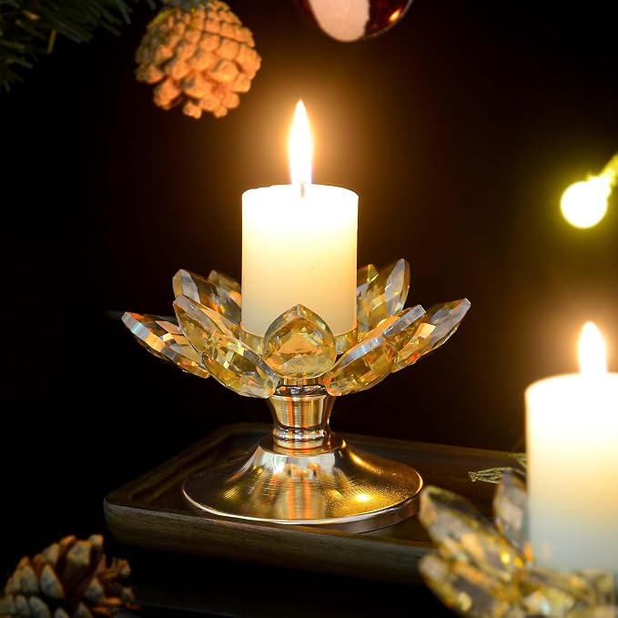 4 PCS Gold Crystal Flower Tea Light Holder, Glass Tealight Candlestick with Metal Base, Votive Candle for Table Centerpiece, Wedding/Parties Decor, Nice Gift