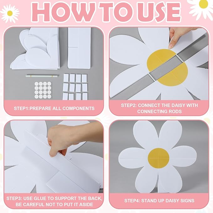 4 Pcs Large Daisy Birthday Party Decorations White Daisy Themed Cardboard Cutout Floral Baby Shower Cartoon Backdrop for Bridal Wedding Wildflower Party Supplies Photo Booth Props Gift Favor