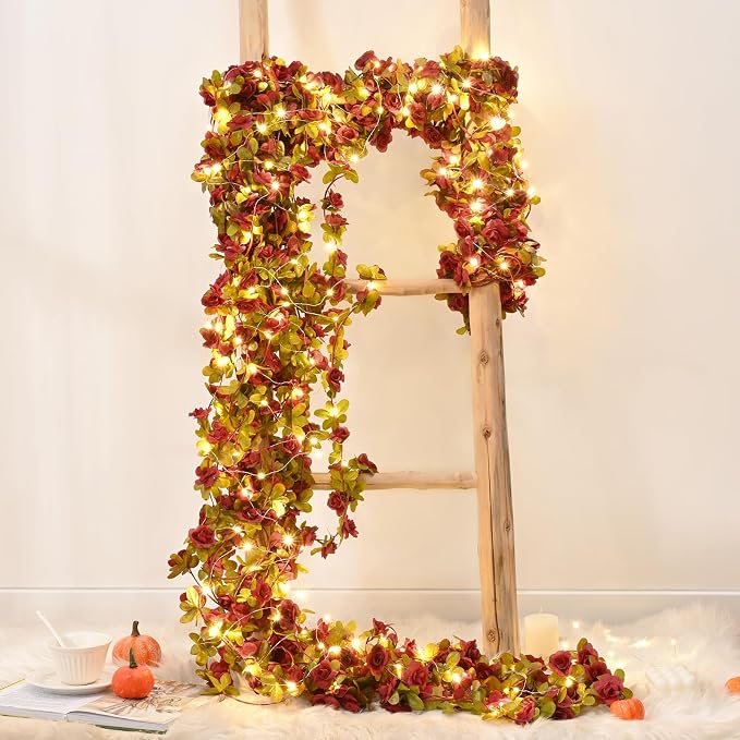 BLEUM CADE 5Pcs 41Ft Flowers Garland Artificial Rose Vines with 32.8Ft String Lights, Cute Fake Hanging Flower Vines Floral Garland Decorations for Wedding Party Wall Room Decor Aesthetic